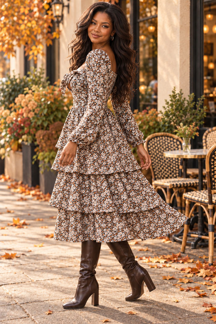 Tiered Floral Midi Dress – Brown Ditsy Long Sleeve Fall Dress