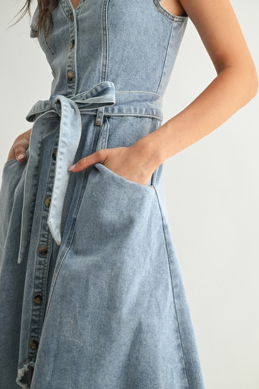 Denim Button Front Midi Dress – High Low Boho Sundress