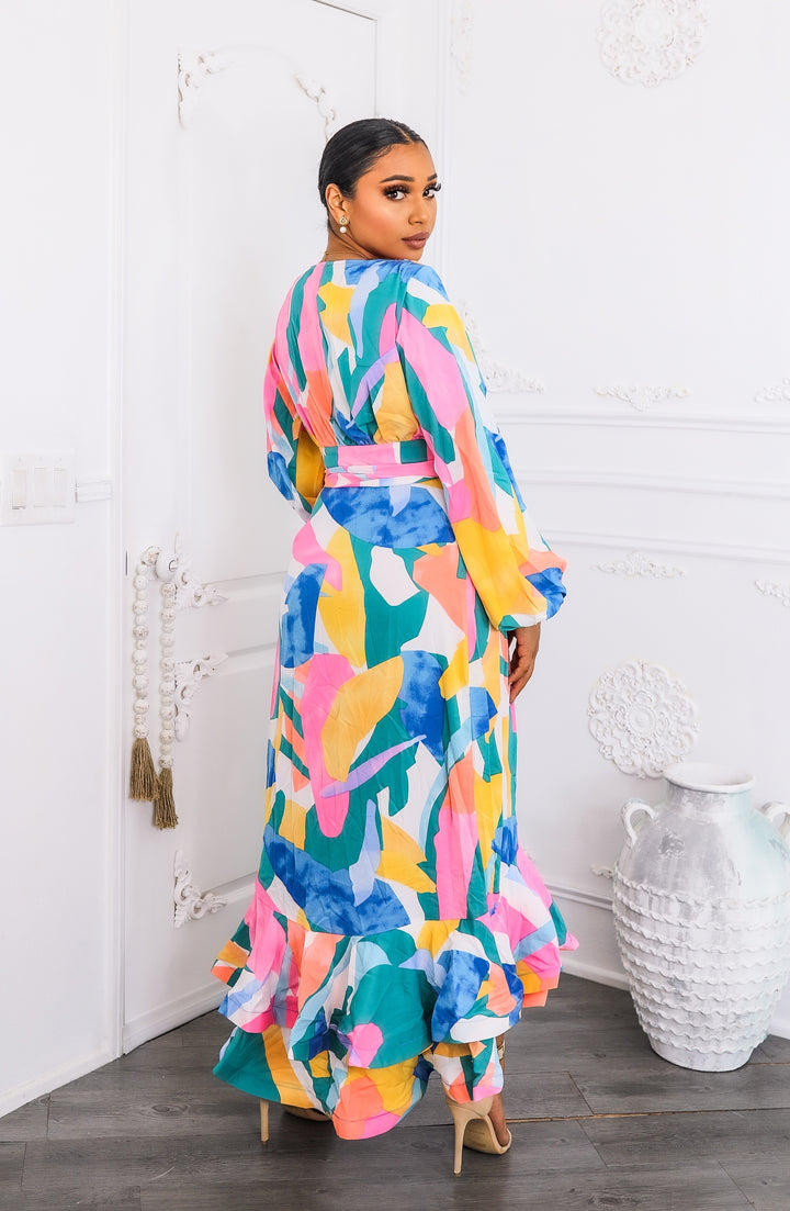 Color Splash Ruffle Wrap Maxi Dress with Balloon Sleeves