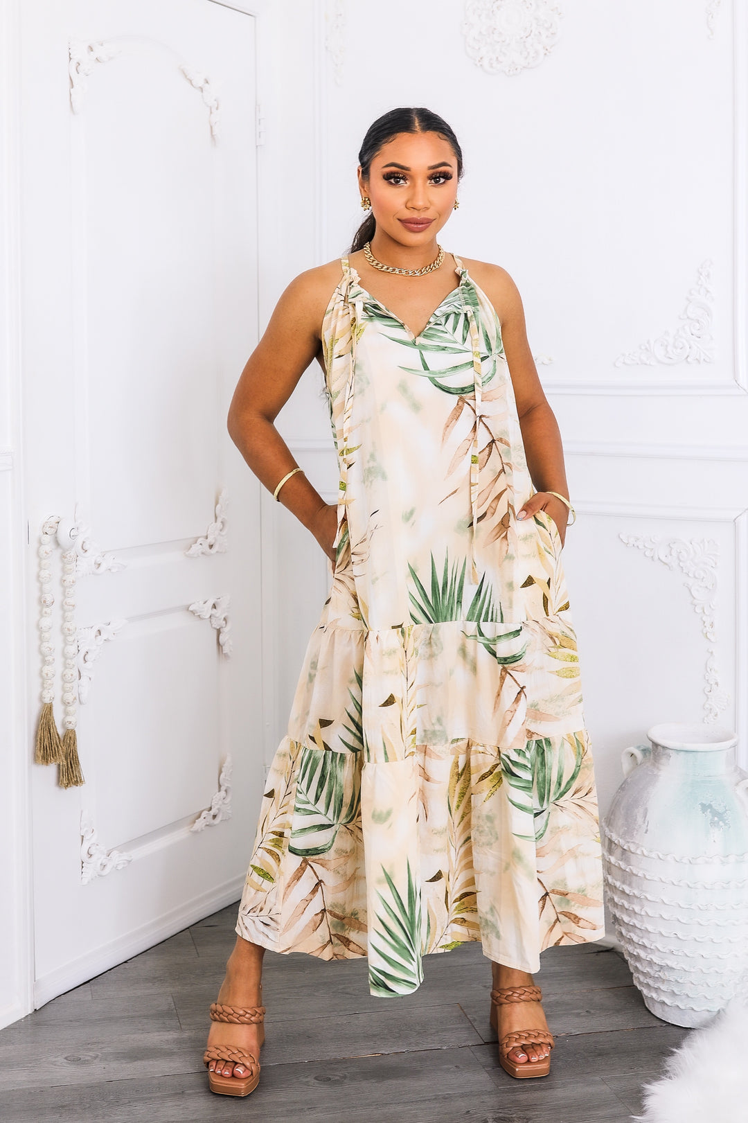Tropical Palm Tiered Maxi Dress Sand & Sage L Tropical Palm Tiered Maxi Dress Sand & Sage L