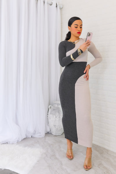 Hard To Forget Color Block Ribbed Bodycon Long Dress
