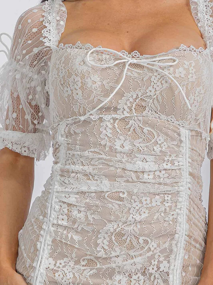 Ivory Lace Ruched Bodycon Mini Dress with Puff Sleeves