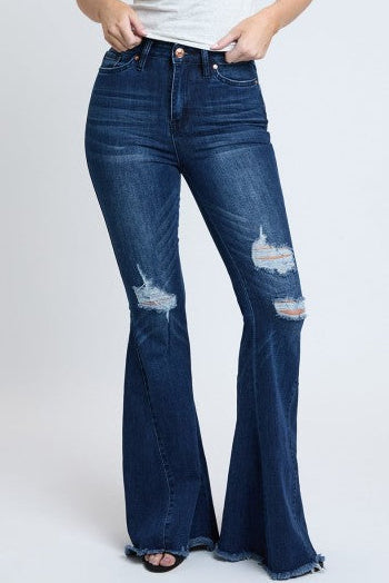 High-Waisted Distressed Flare Jeans – Dark Wash