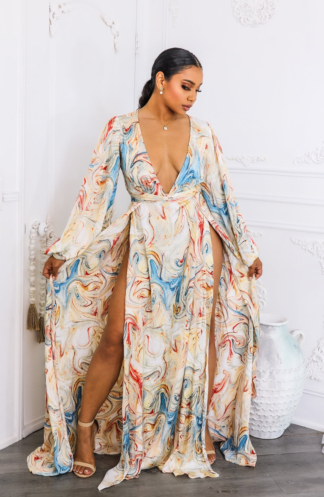 Marble Swirl Kimono Maxi Dress with Slits – Boho Resort Style S