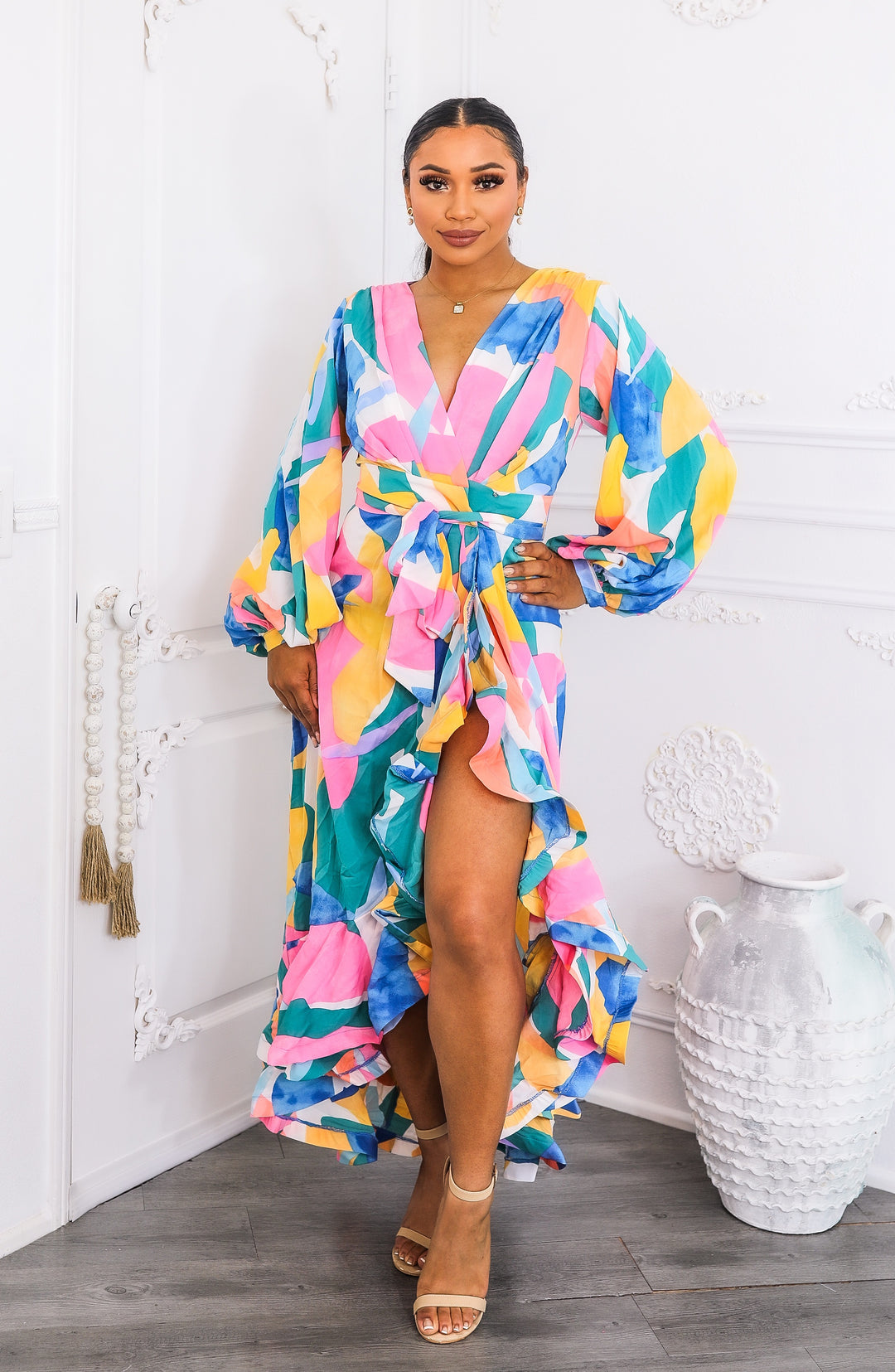 Color Splash Ruffle Wrap Maxi Dress with Balloon Sleeves