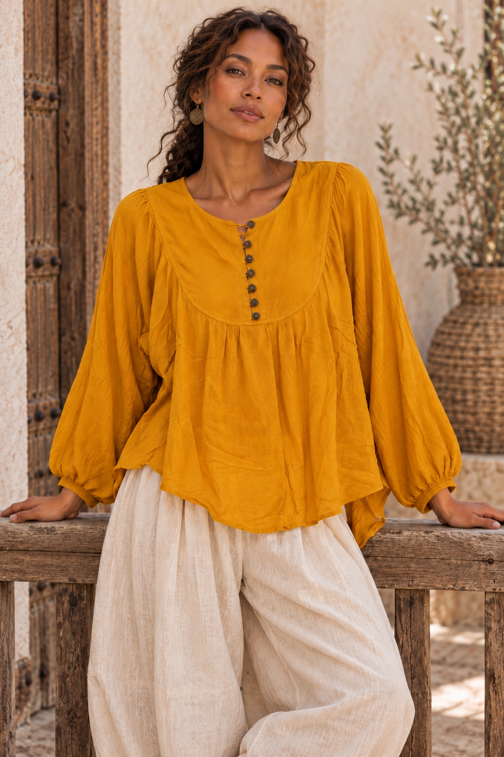 Mustard Balloon Sleeve Boho Blouse – Flowy Button Bib Peasant Top