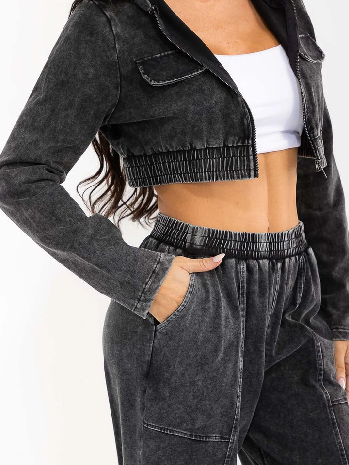 Mineral Wash Two Piece Set – Hooded Crop Jacket & Wide Leg Pants
