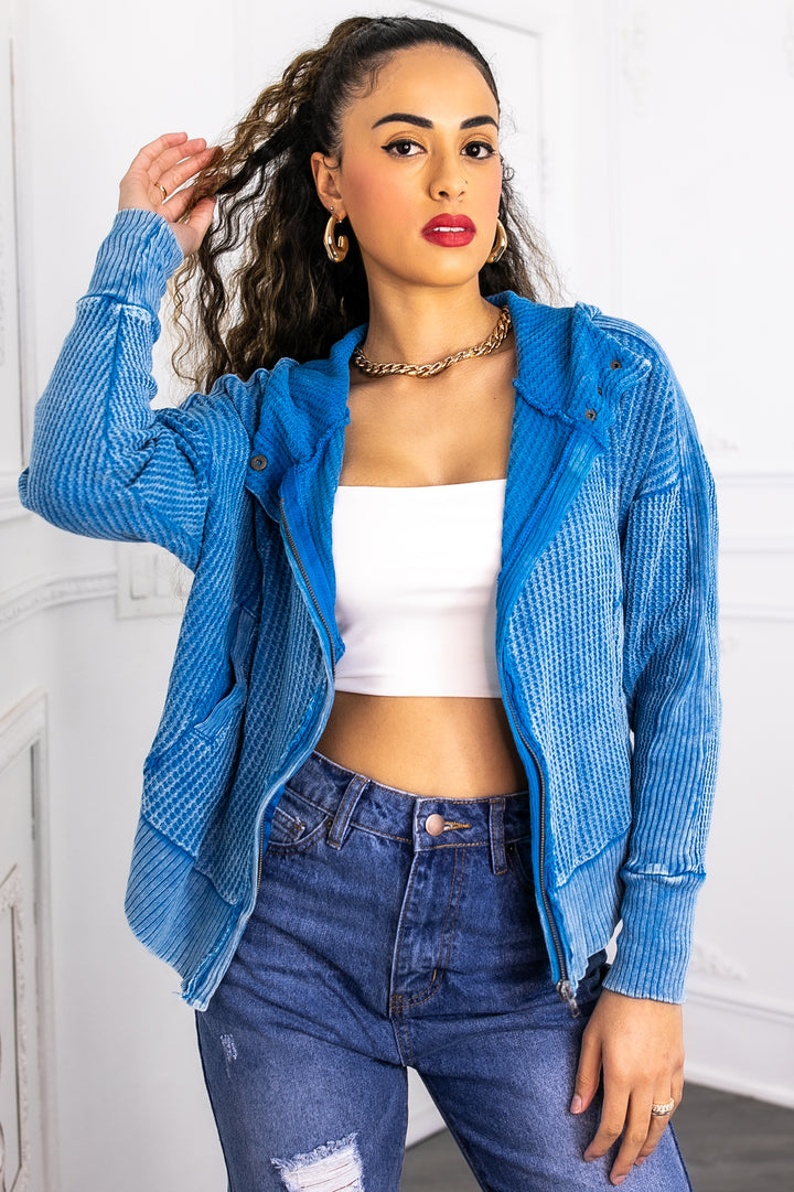 Mineral Wash Waffle Knit Zip Hoodie (3 Colors)