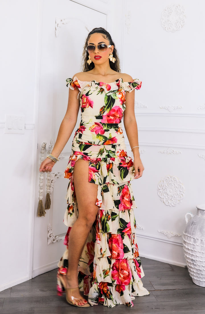 Ruffle it Up Floral High Slit Maxi Dress