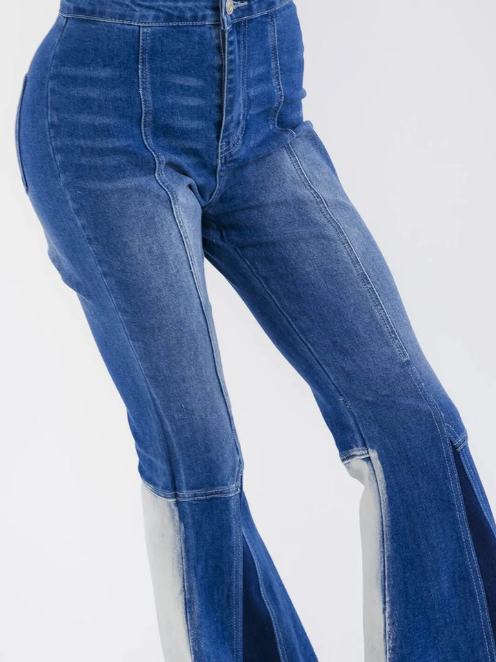 High Rise Two-Tone Flare Jeans with Frayed Hem