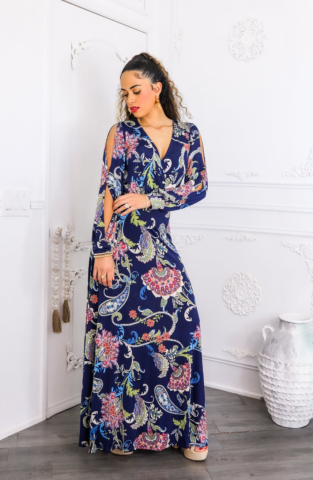 Navy Paisley Cutout Maxi Dress with Long Sleeves