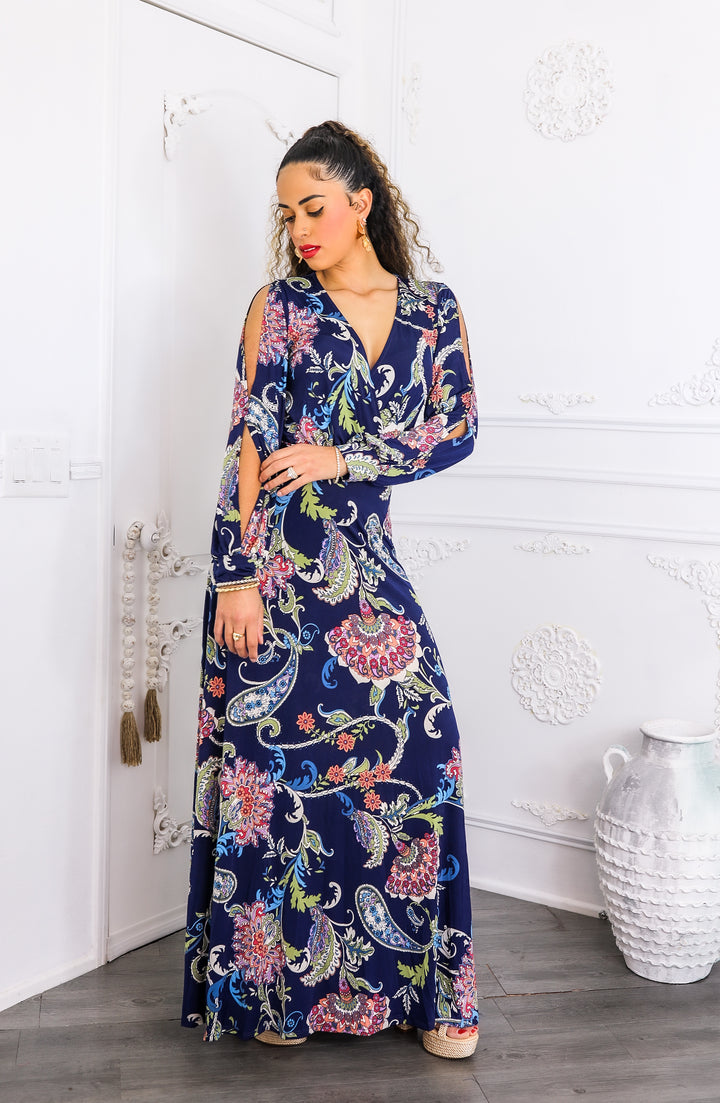 Navy Paisley Cutout Maxi Dress with Long Sleeves