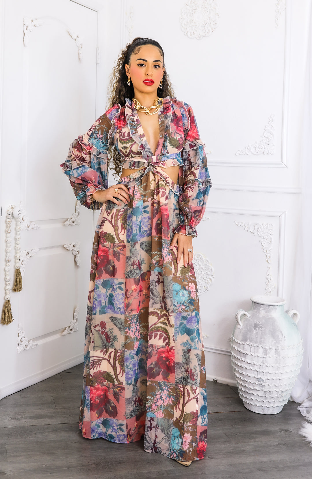 Patchwork Floral Maxi Dress Plunge Ruffle Cutout Style Patchwork Floral Maxi Dress Plunge Ruffle Cutout Style