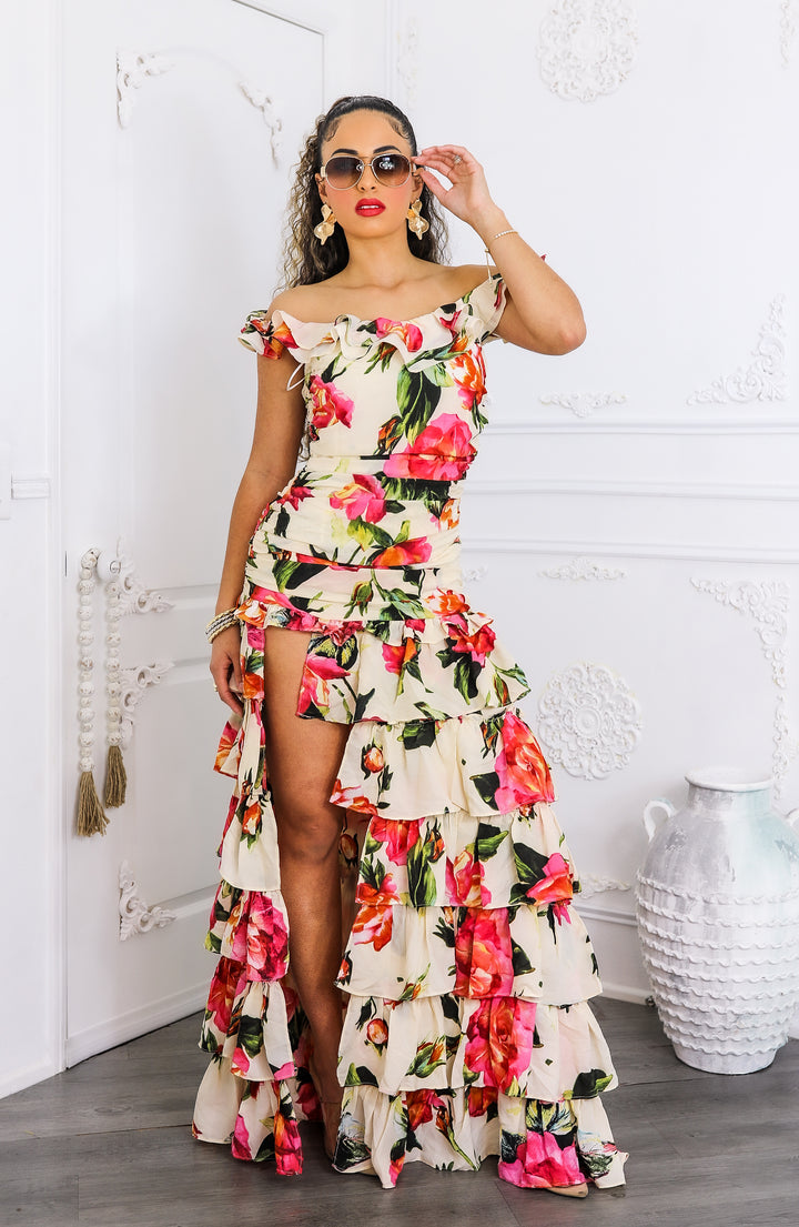 Ruffle it Up Floral High Slit Maxi Dress