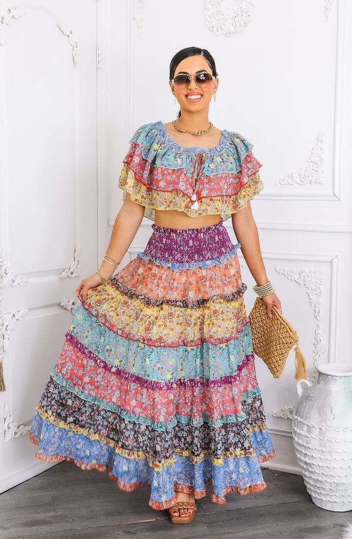 Boho Floral Ruffle Crop Top & Maxi Skirt Set
