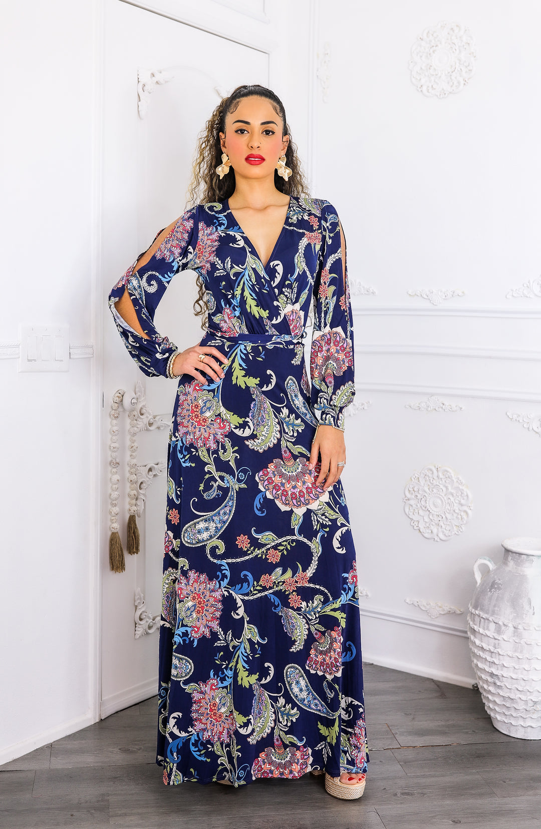 Navy Paisley Cutout Maxi Dress with Long Sleeves