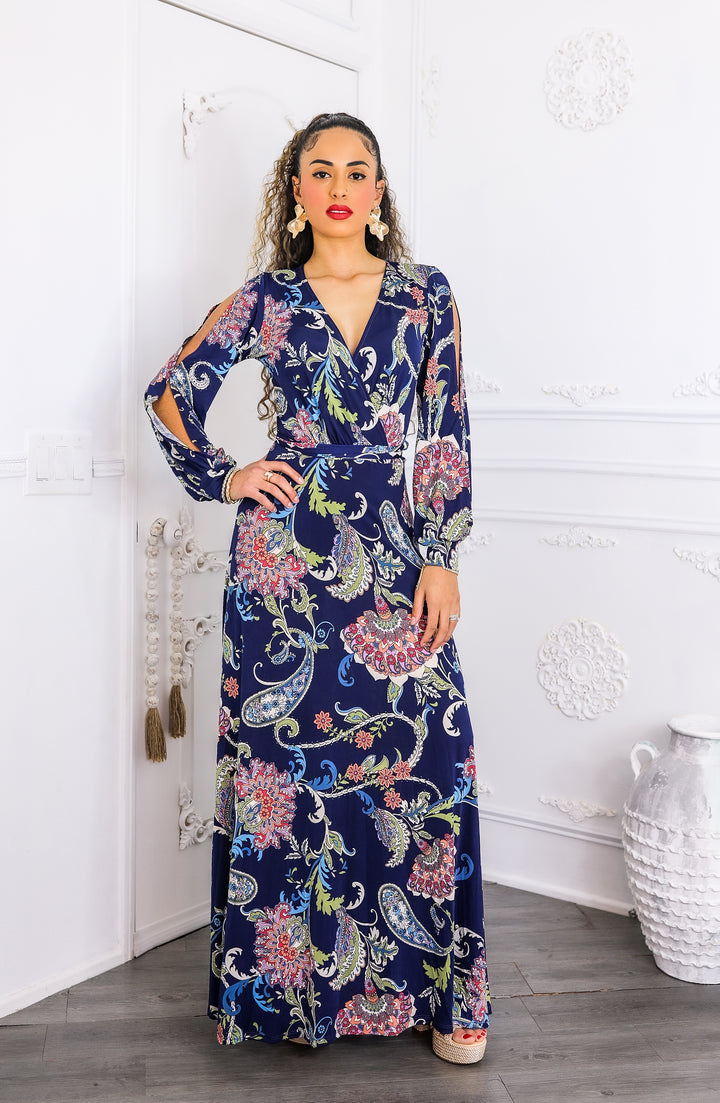 Navy Paisley Cutout Maxi Dress with Long Sleeves