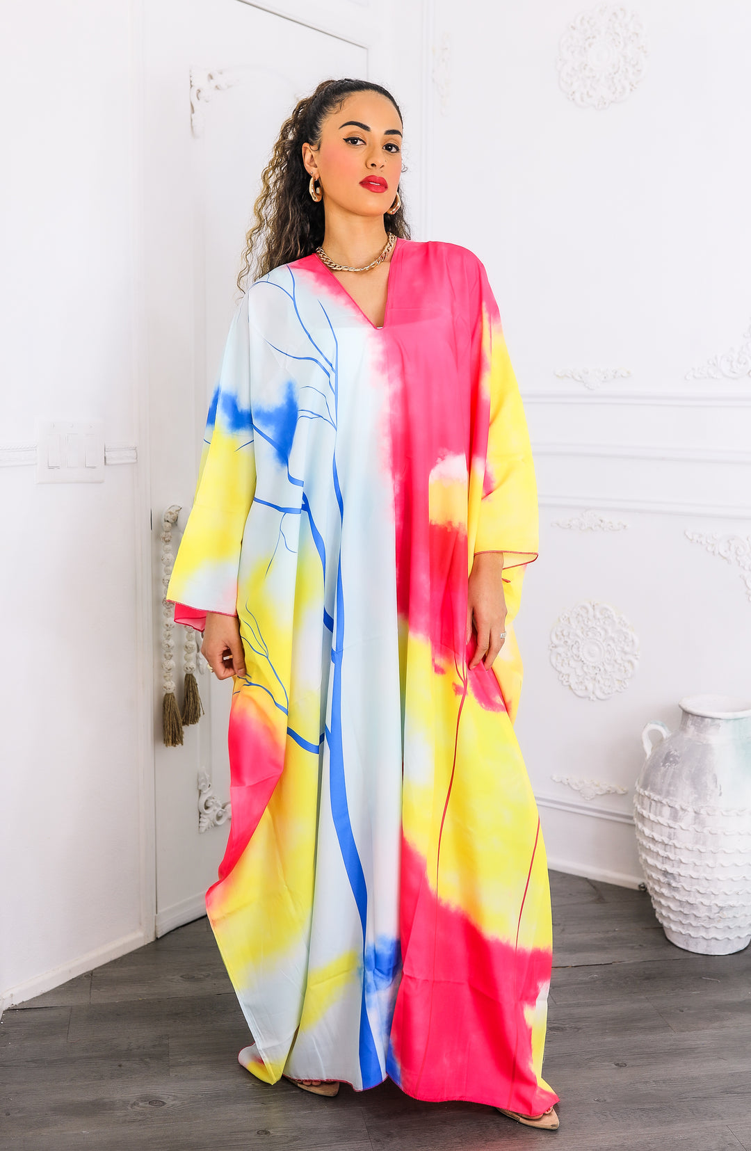 Colorburst Abstract Kimono Maxi Dress Flowy V-Neck Style S Colorburst Abstract Kimono Maxi Dress Flowy V-Neck Style S