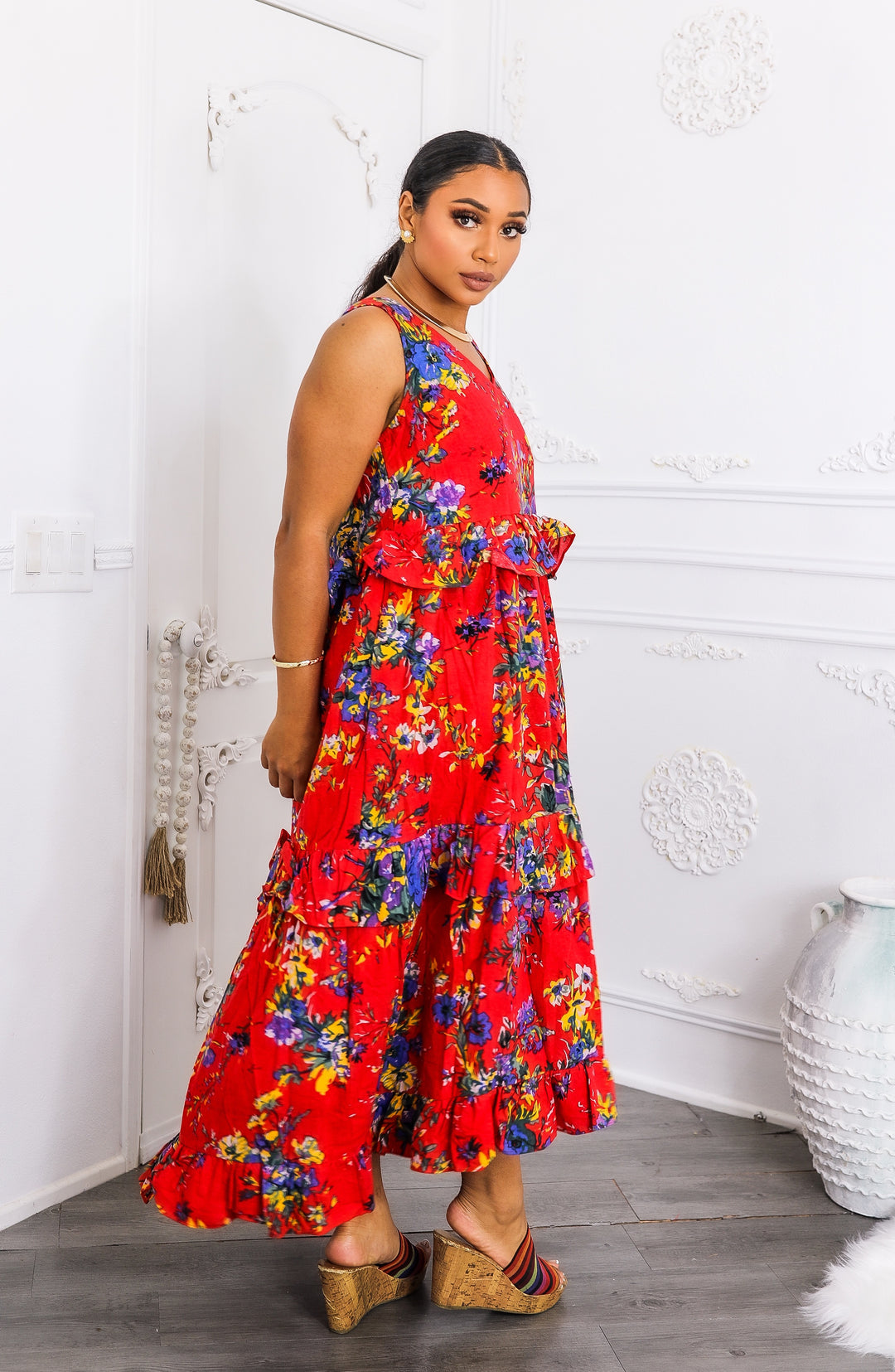 Red Floral Tiered Ruffle Maxi Dress with Pockets