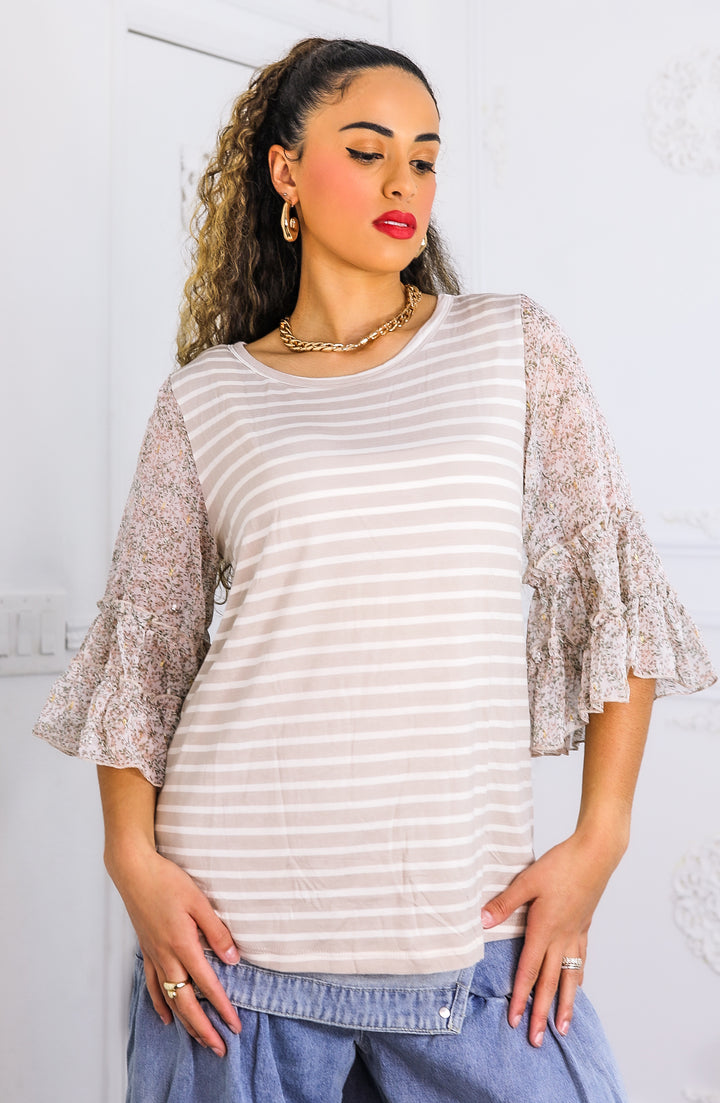 Blush Striped Top with Floral Ruffle Sleeves – Boho Blouse for Women