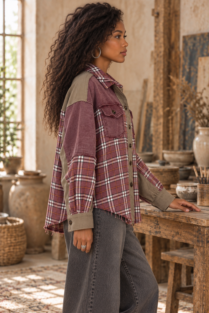 Deep Wine Plaid Patchwork Shirt Jacket – Distressed Flannel Corduroy Overshirt