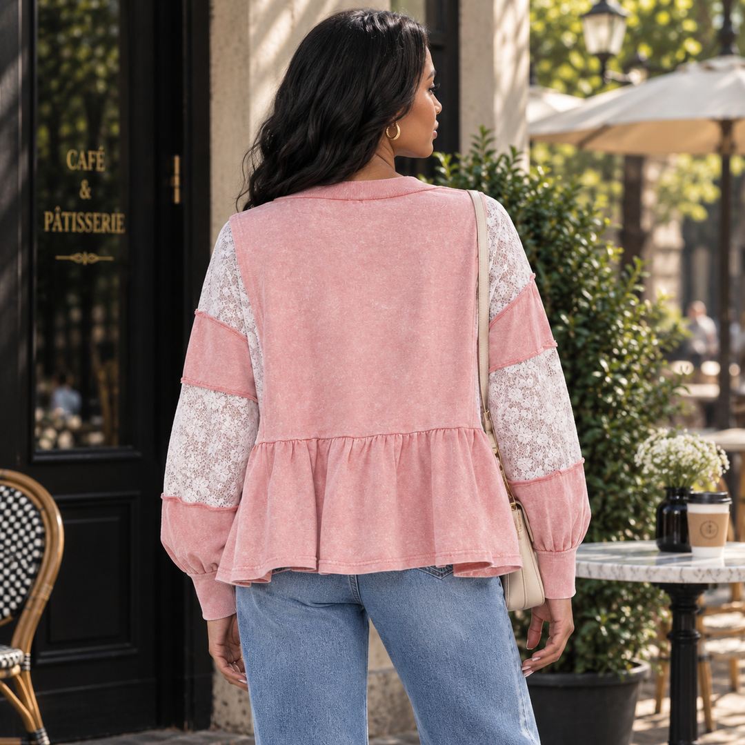 Mineral Wash V-Neck Peplum Top with Sheer Lace Sleeves – Blush Pink