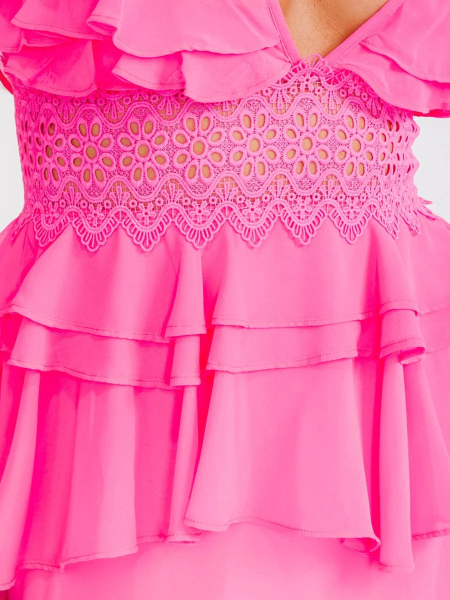 Malibu Sunset Lace Ruffle Maxi Dress