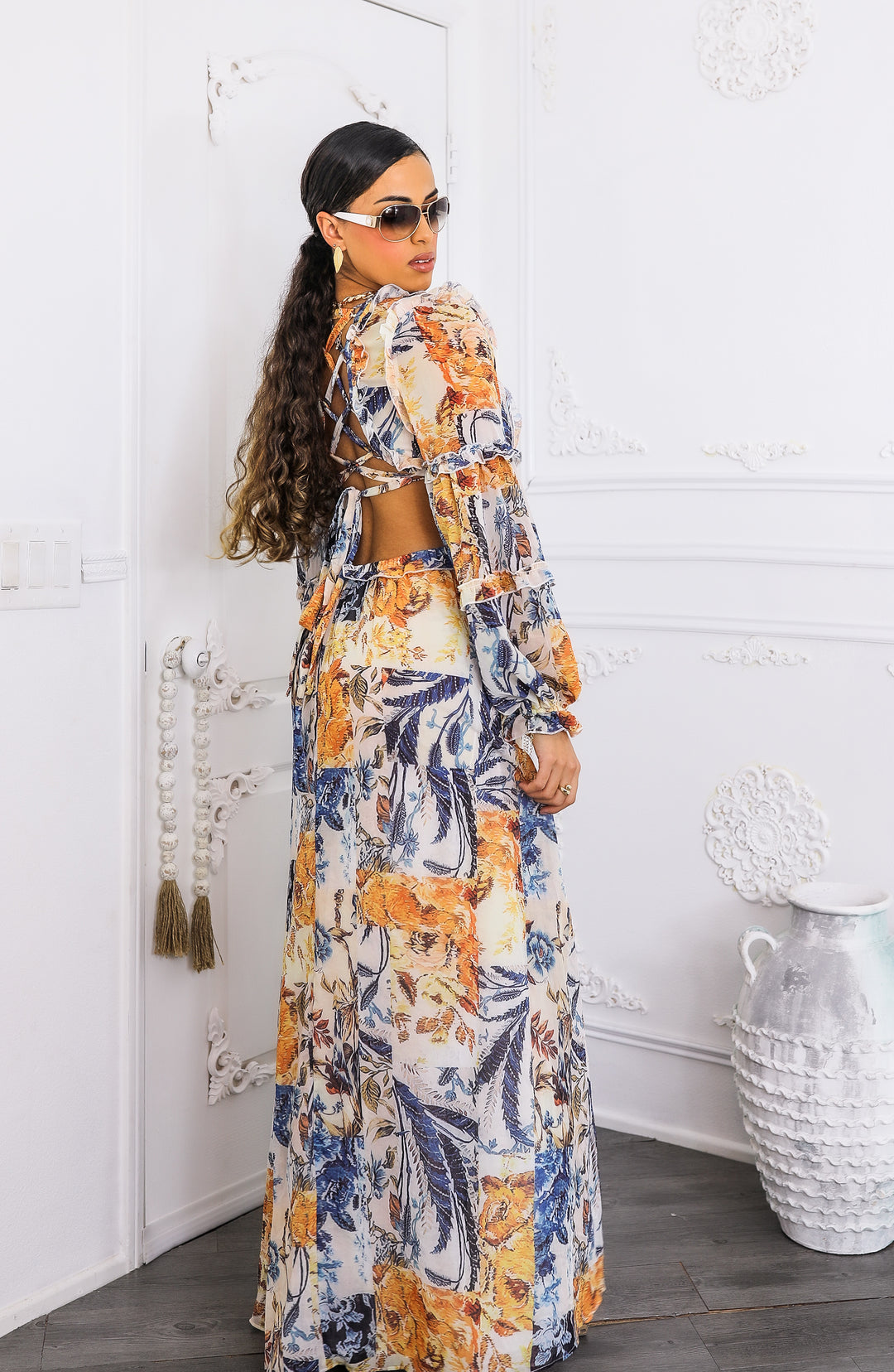 Boho Cream Floral Cutout Lace-Up Maxi Dress | Floral Maxi Dress 2026