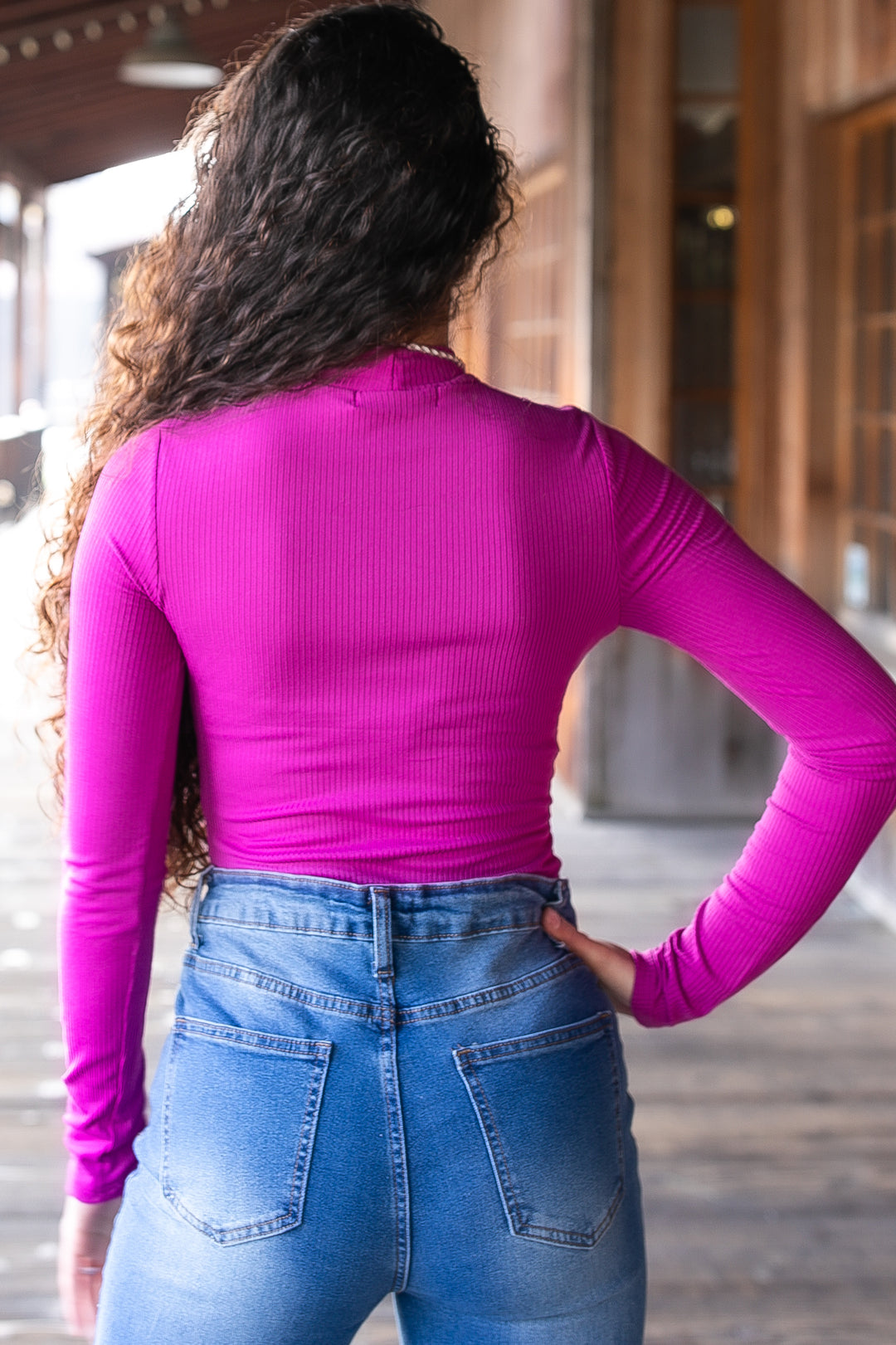 Fuchsia Ribbed Long Sleeve Top – Mock Neck Stretch Fitted Shirt