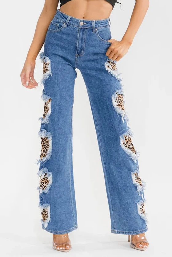 Cheetah Heart Patch Ripped Jeans | Leopard Print Distressed Denim