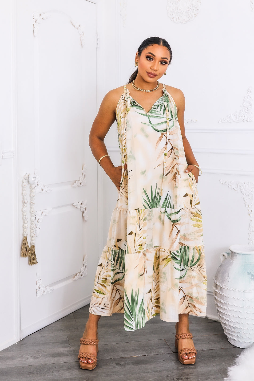 Tropical Palm Tiered Maxi Dress – Sand & Sage