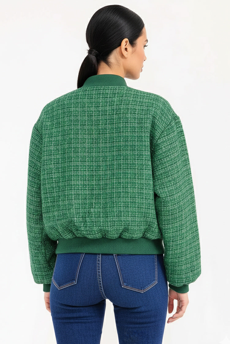 LONG SLEEVE BUTTON CLOSURE POCKETS TWEED SHIMMER JACKET