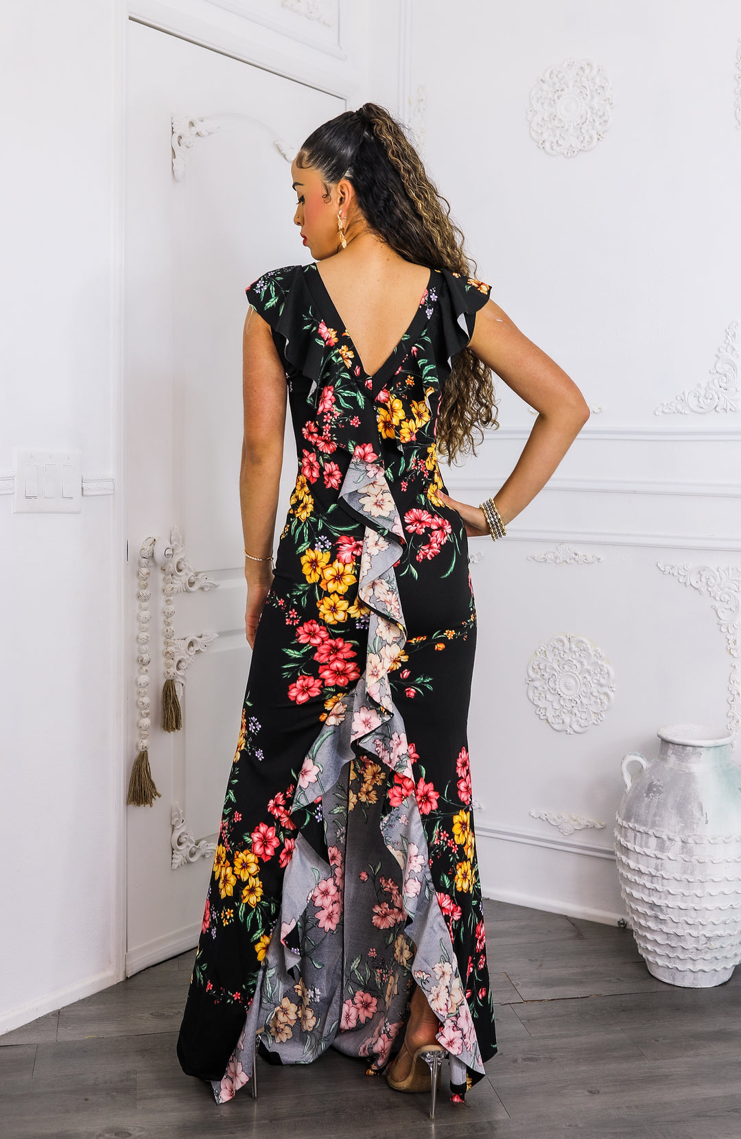 Two-Way Black Floral Ruffle Maxi Dress | SurelyMine