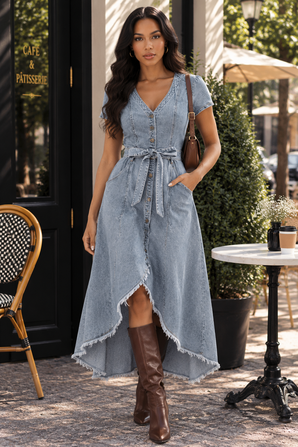 Denim Button Front Midi Dress – High Low Boho Sundress