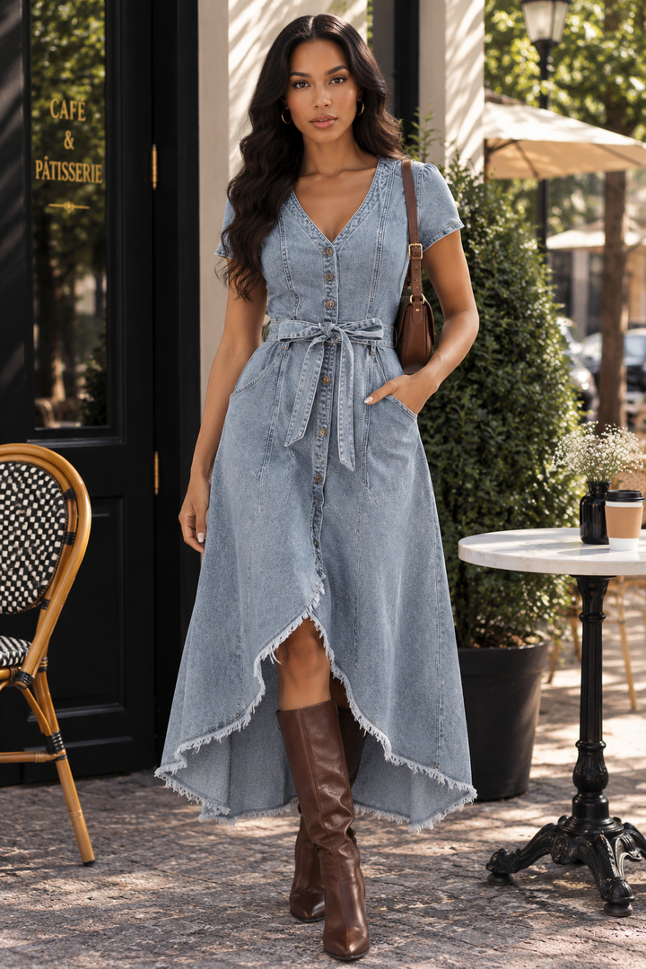 Denim Button Front Midi Dress – High Low Boho Sundress