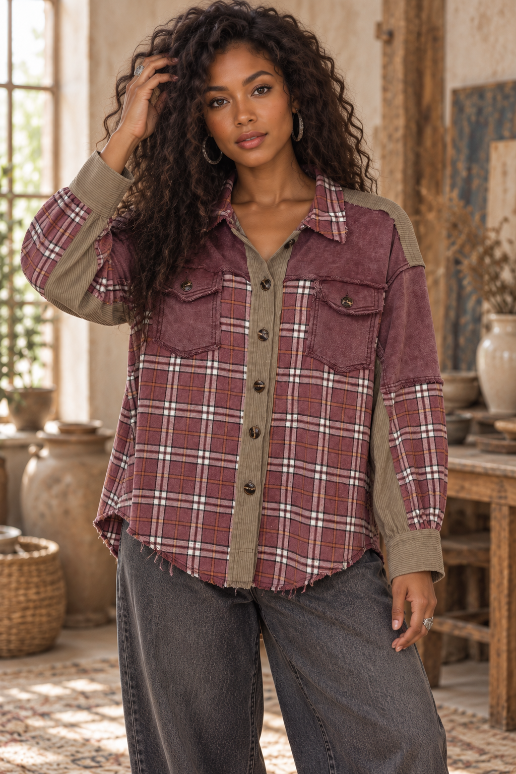 Deep Wine Plaid Patchwork Shirt Jacket – Distressed Flannel Corduroy Overshirt