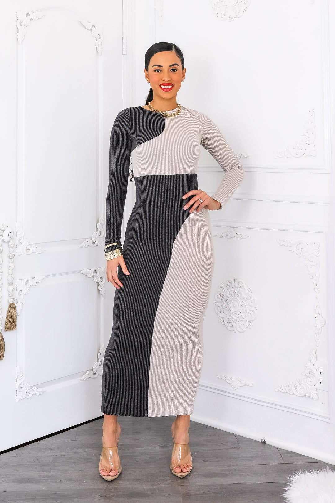 Hard To Forget Color Block Ribbed Bodycon Long Dress Black / M Hard To Forget Color Block Ribbed Bodycon Long Dress Black / M