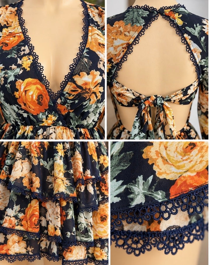 Black Floral Ruffle Hem Mini Dress | Open Back Tie Long Sleeve Dress
