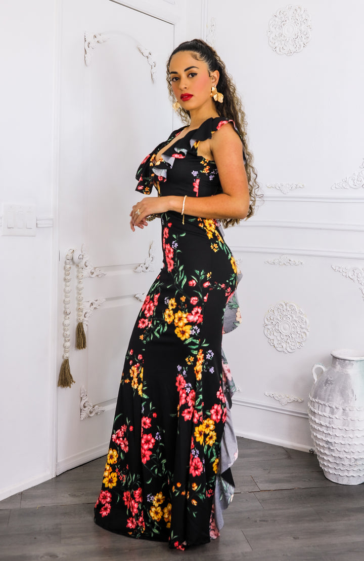 Two-Way Black Floral Ruffle Maxi Dress | SurelyMine