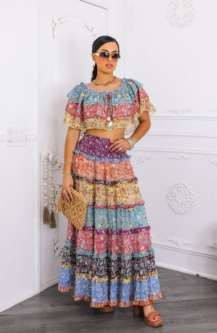 Boho Floral Ruffle Crop Top & Maxi Skirt Set