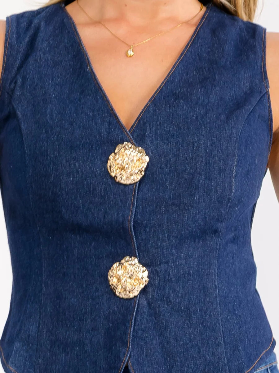 Denim Gold Button Vest Top