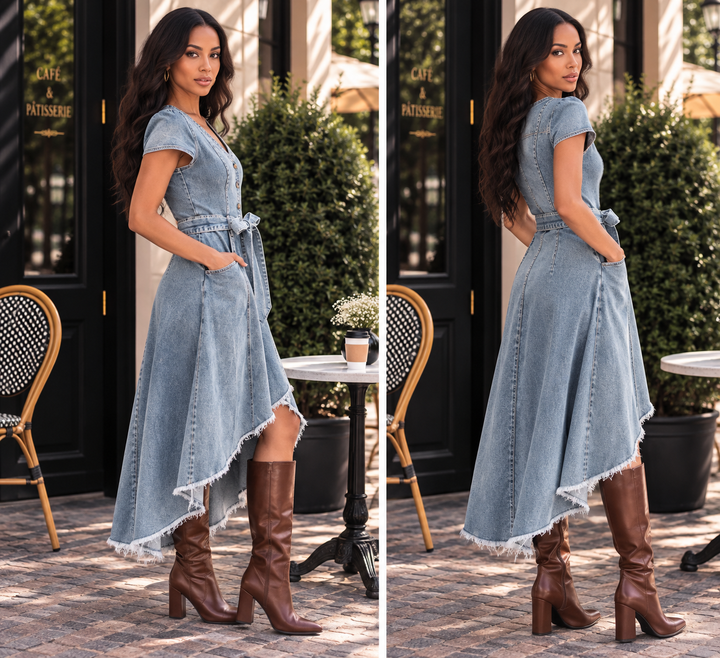 Denim Button Front Midi Dress – High Low Boho Sundress