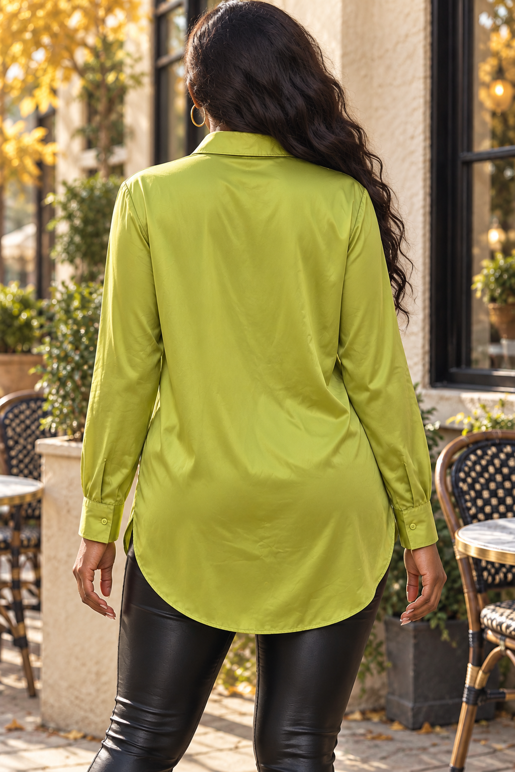 Classic Satin Button Down Shirt – Lime Green Oversized Blouse