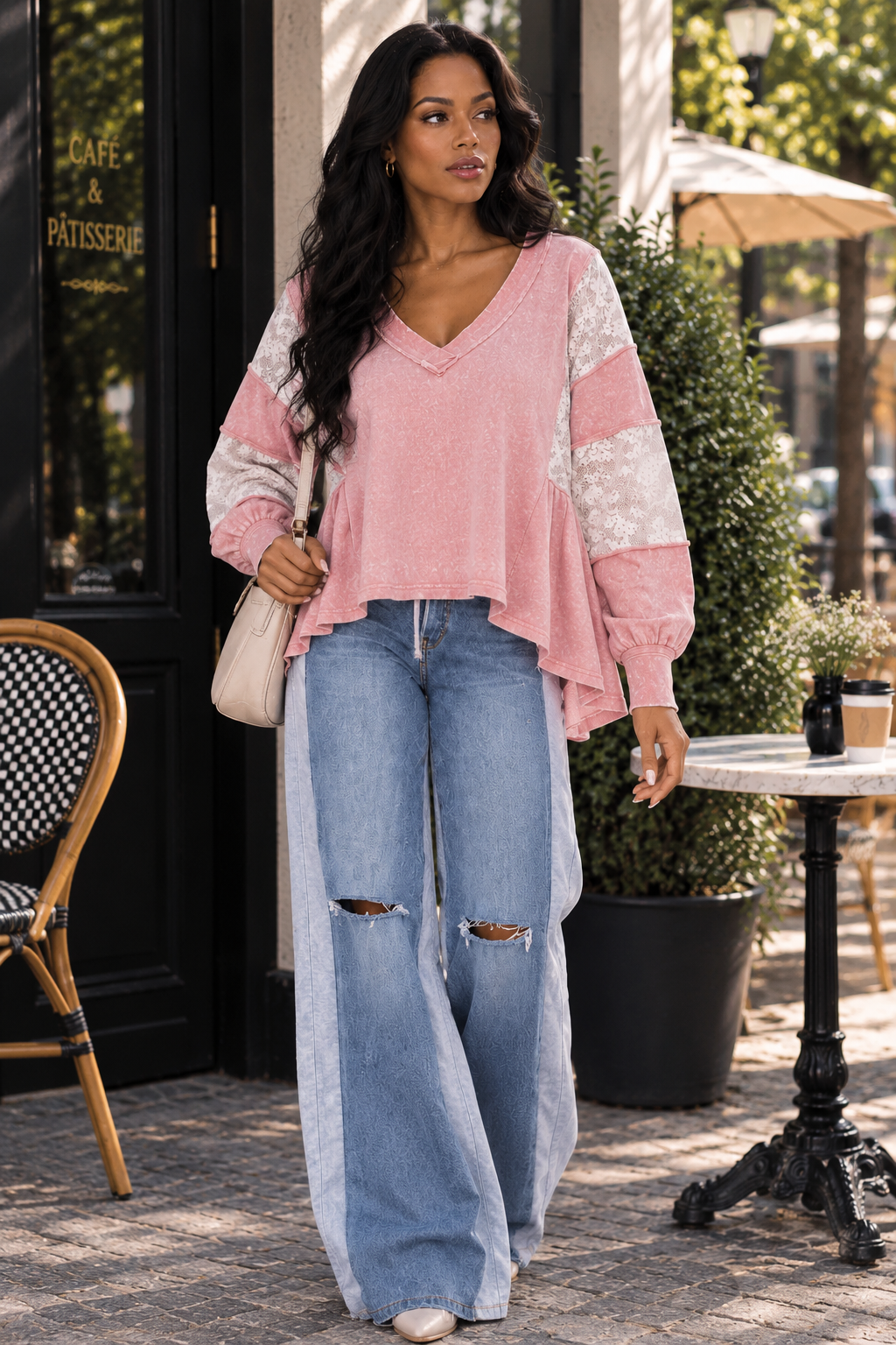 Mineral Wash V-Neck Peplum Top with Sheer Lace Sleeves – Blush Pink