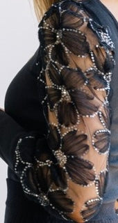 Bloom Embroidered Mesh Sleeve Knit Top