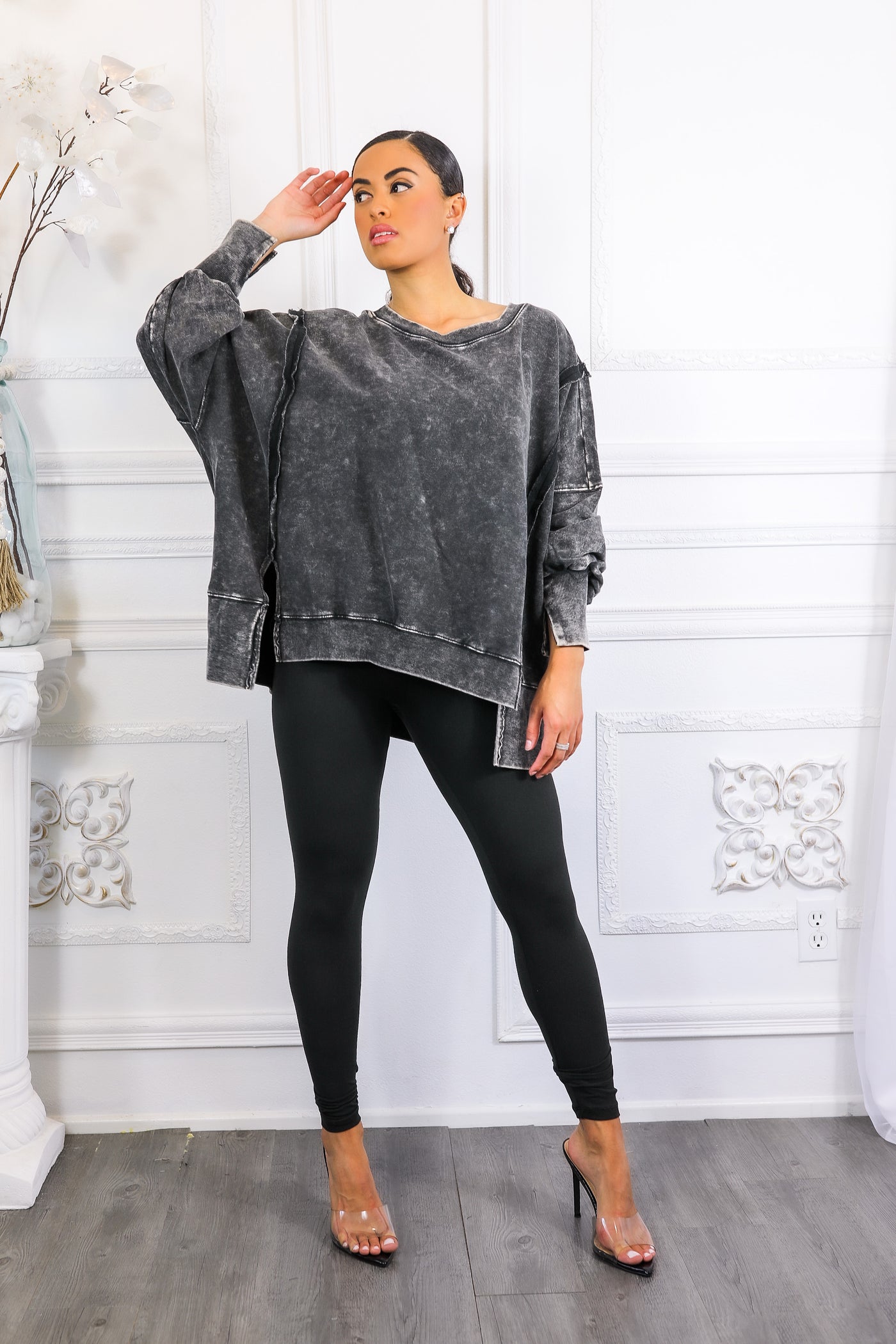 Oversized Mineral Wash Pullover With Leggings Set