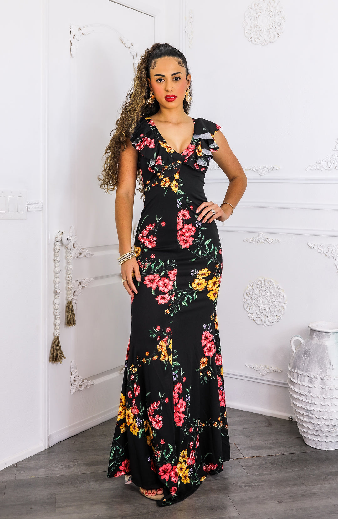 Two-Way Black Floral Ruffle Maxi Dress | SurelyMine