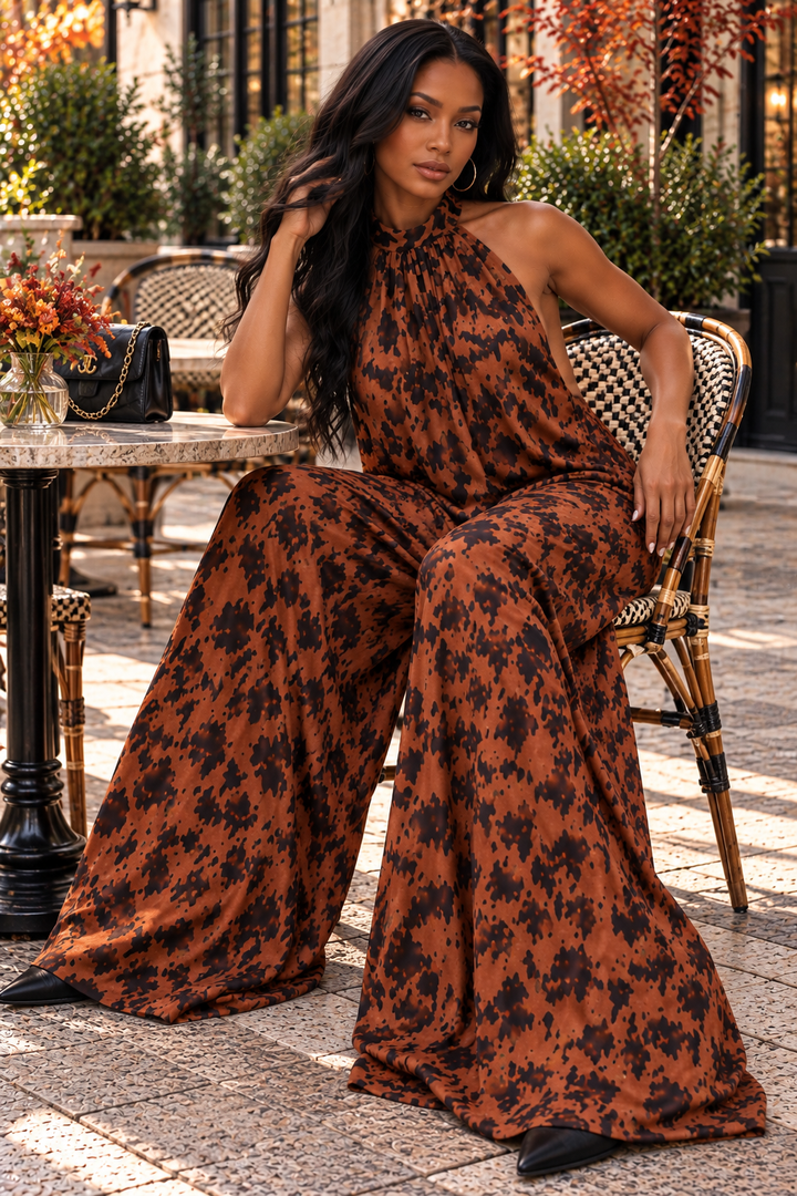 Safari Luxe Animal Print Halter Jumpsuit | Open Back Wide Leg Jumpsuit