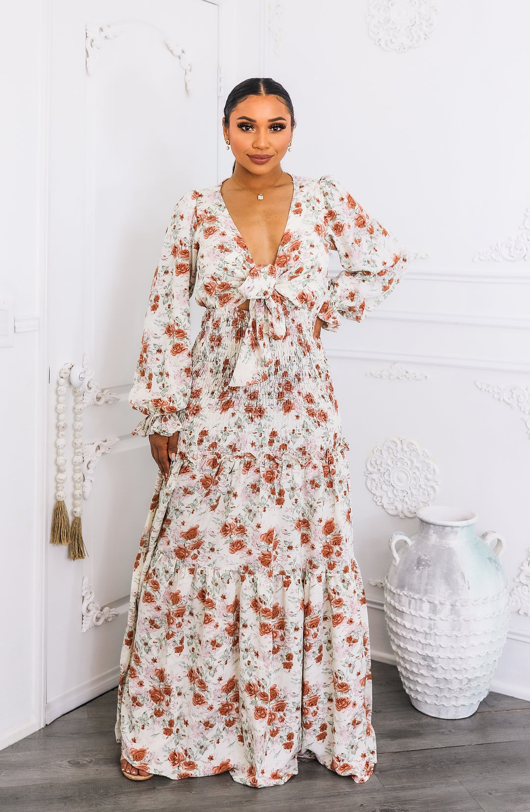 Floral Tie-Front Maxi Dress with Smocked Waist