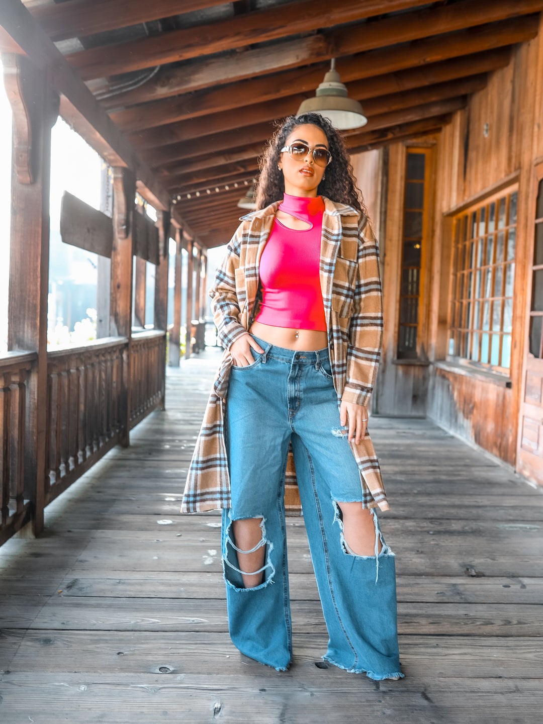 Camel Plaid Long Shacket – Oversized Button Down Coat for Women